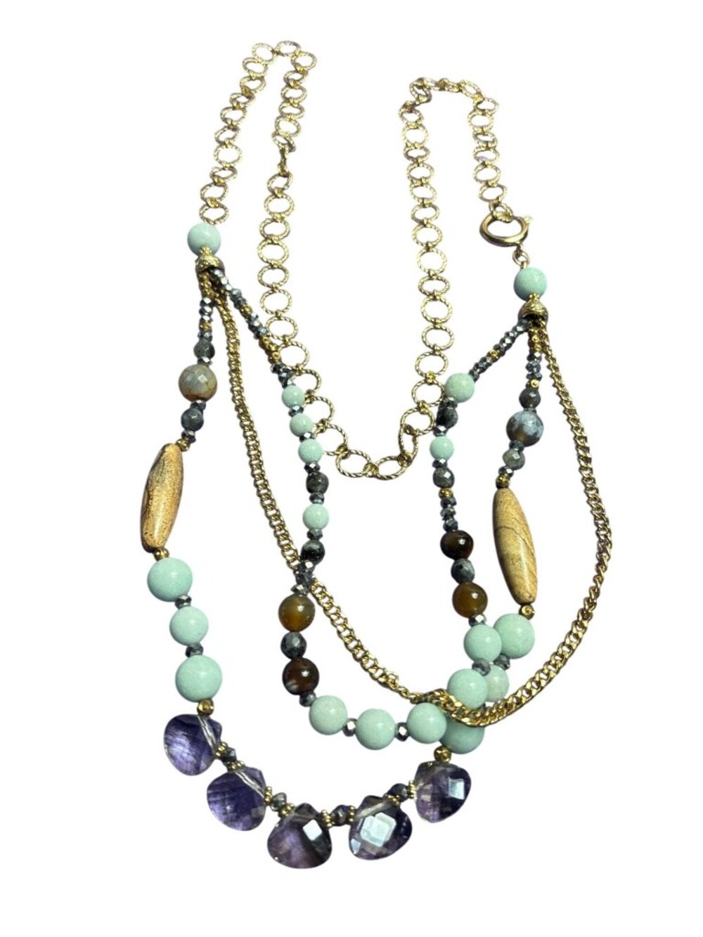 Textured Goldtone Chain Beaded Necklace Stone Glass Multi Strand 37 inches Long